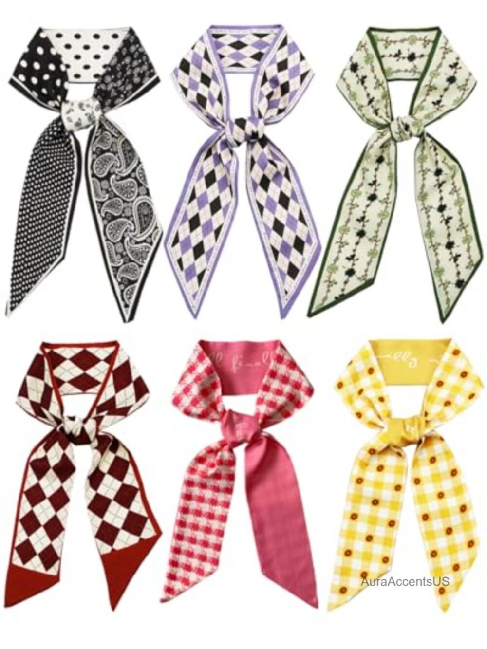 6pc Polyester Satin Skinny Scarf Set for Purses Hair Handbags